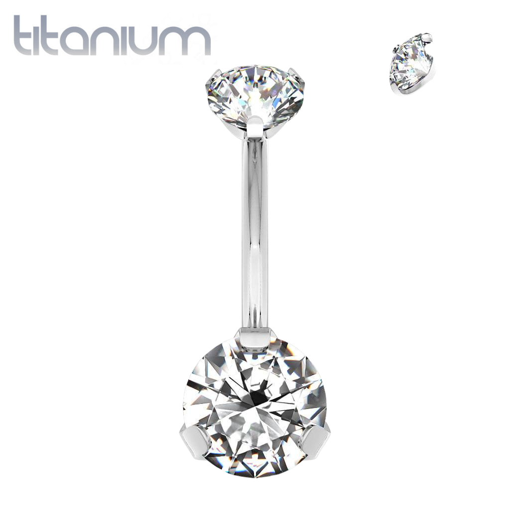 Implant Grade Titanium Internally Threaded CZ Prong Belly Button Navel Ring
