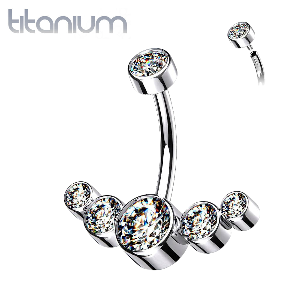 Implant Grade Titanium Internally Threaded With 5 Bezel White CZ Bottom Belly Ring