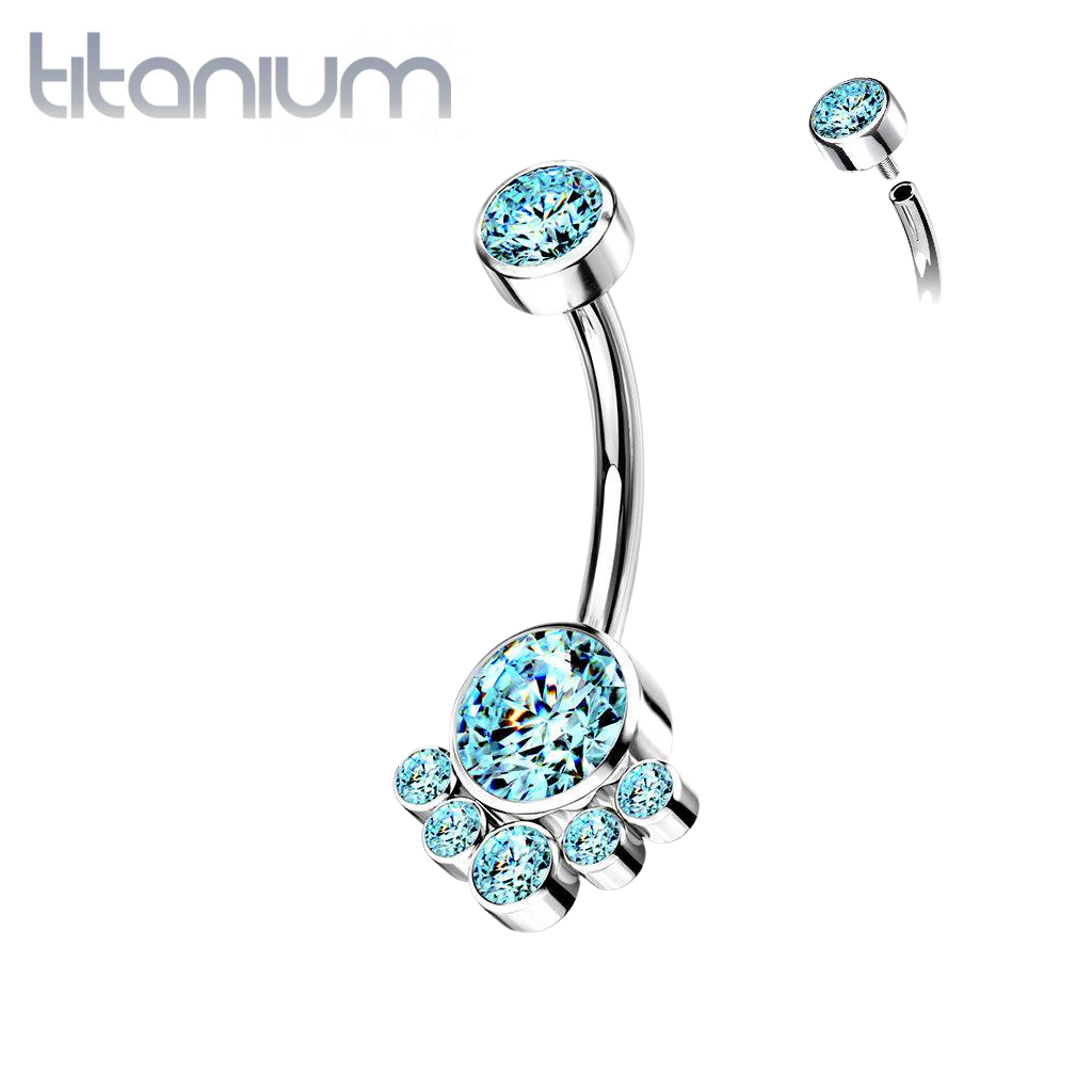 Implant Grade Titanium Internally Threaded Aqua CZ Bezel Cluster Belly Ring