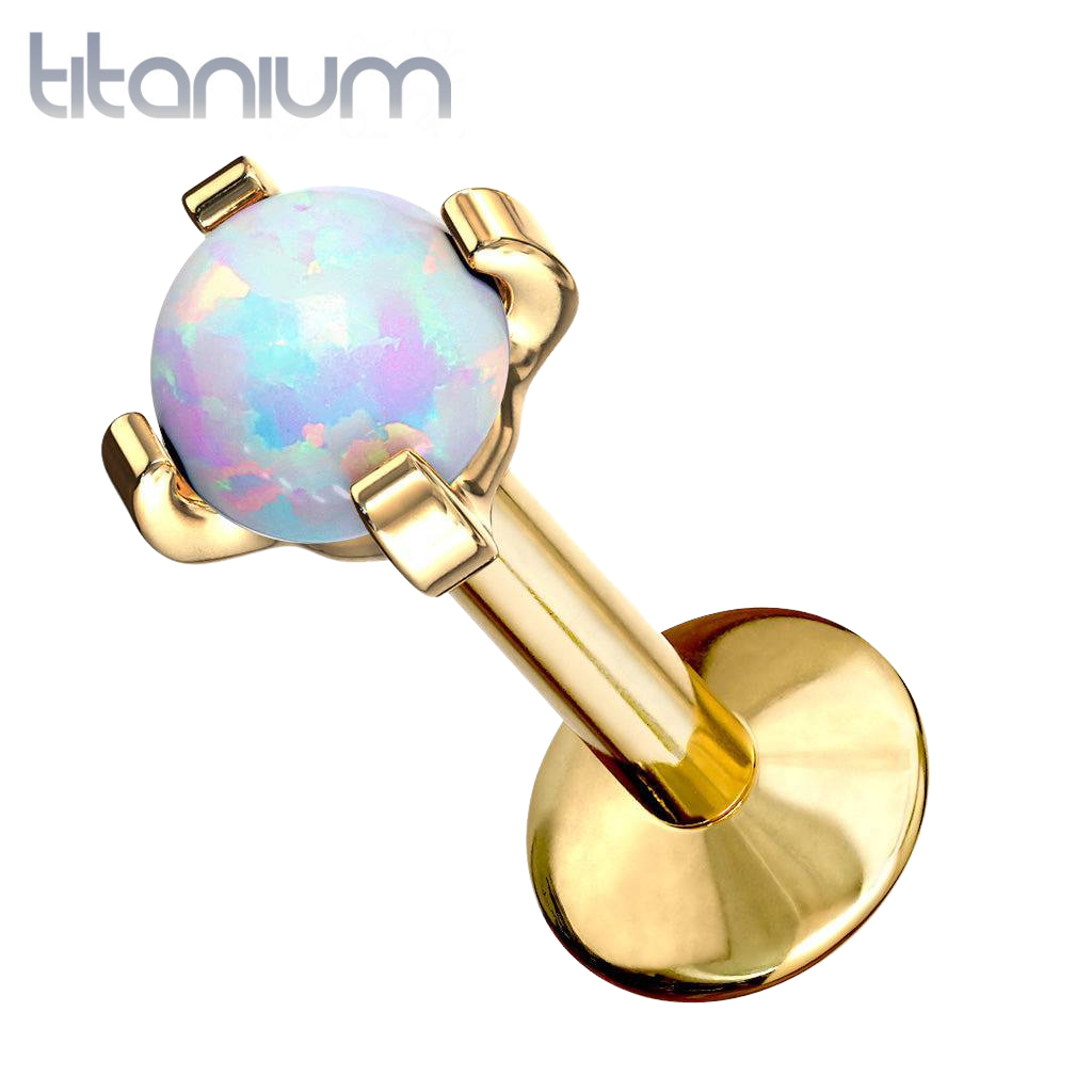 Implant Grade Titanium Gold PVD White Opal Flat Back Internally Threaded Labret Cartilage Tragus Ring