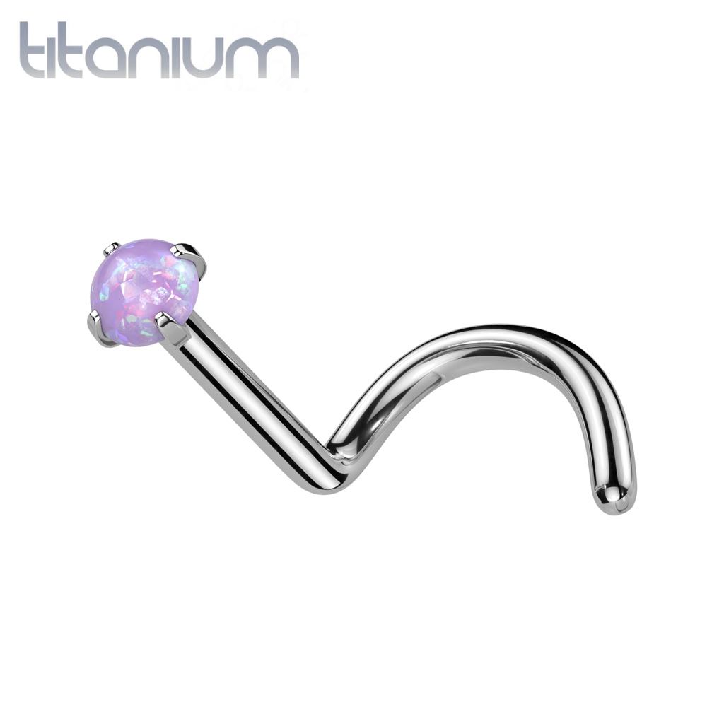 Implant Grade Titanium Corkscrew Nose Ring Purple Opal Stud With Prongs