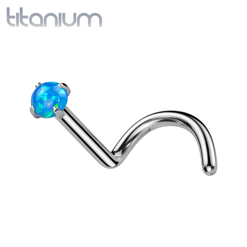 Implant Grade Titanium Corkscrew Nose Ring Opal Stud With Prongs