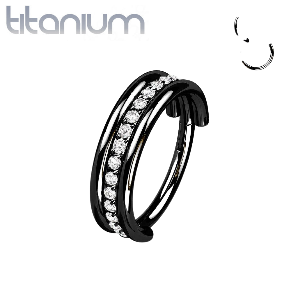 Implant Grade Titanium Black PVD White CZ Pave Center Hinged Clicker Hoop