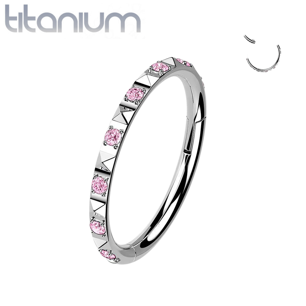 Implant Grade Titanium Ridged With Pink CZ Gems Hinged Hoop Clicker Ring