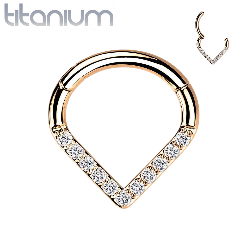 Implant Grade Titanium Rose Gold PVD V Shaped Septum Ring Clicker Hoop White CZ Gems