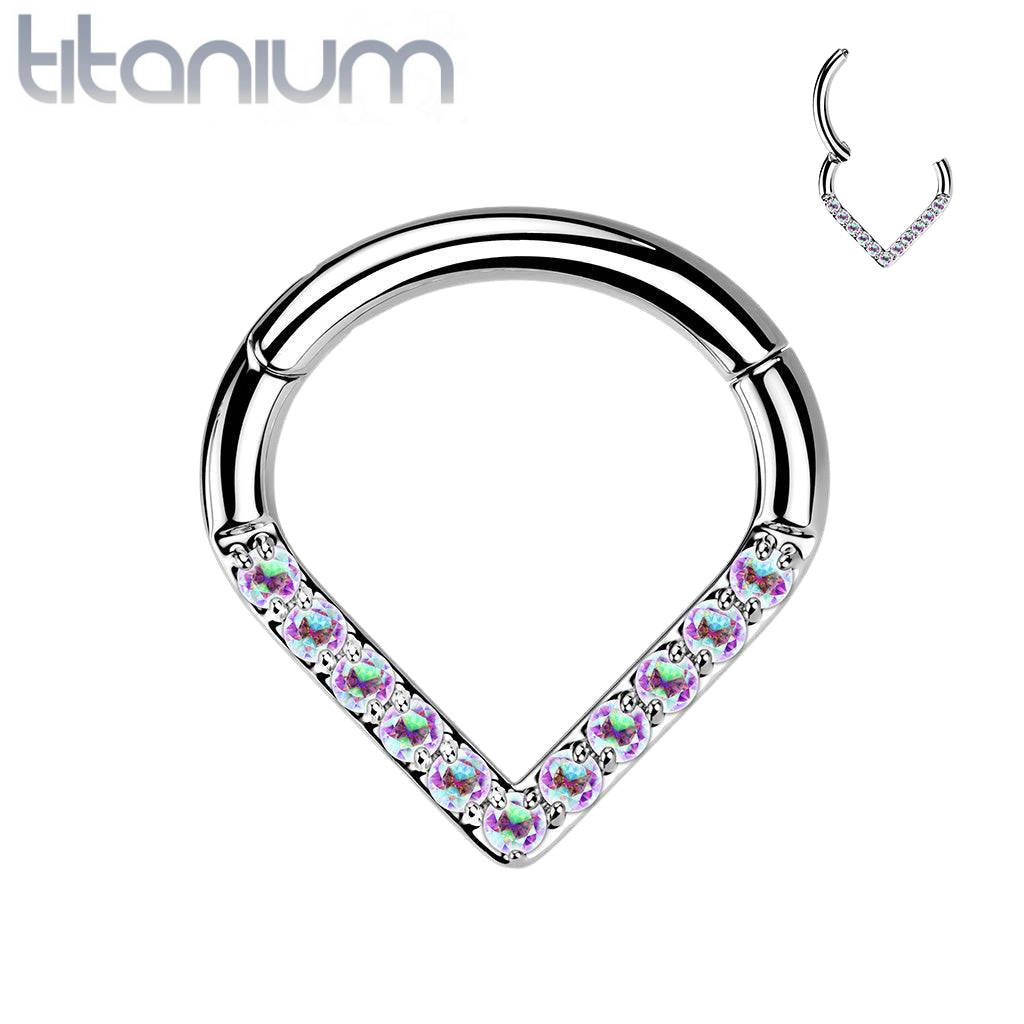 Implant Grade Titanium V Shaped Septum Ring Clicker Hoop Aurora Borealis CZ Gems