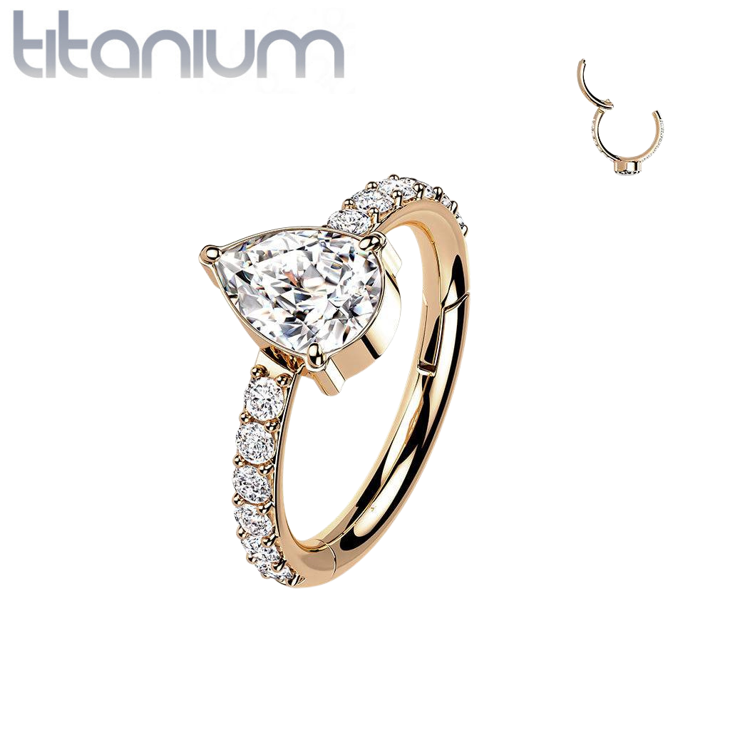 Implant Grade Titanium Rose Gold PVD White CZ With Pear Shaped Center Hinged Clicker Hoop