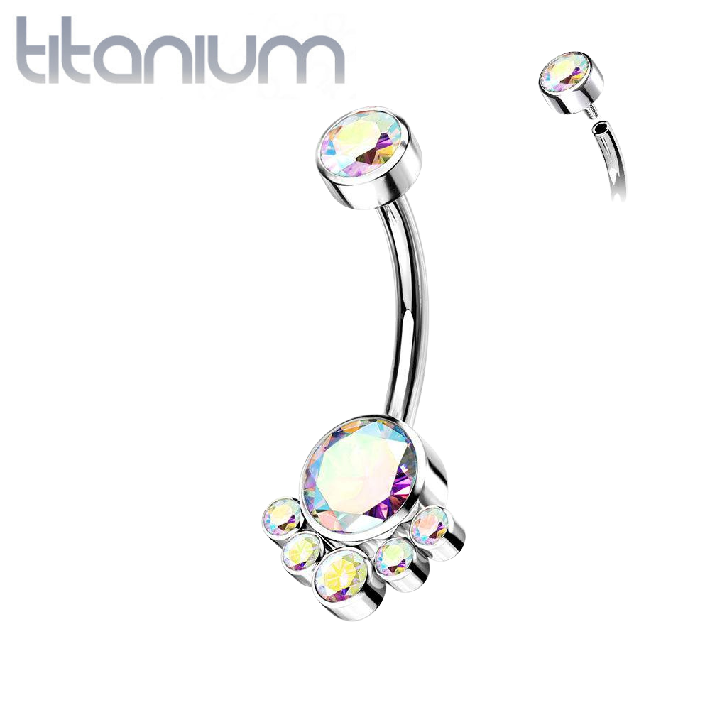 Implant Grade Titanium Internally Threaded Aurora Borealis CZ Bezel Cluster Belly Ring