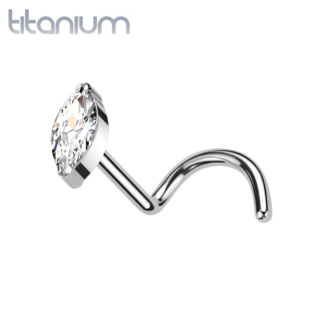 Implant Grade Titanium Marquise CZ Gem Corkscrew Nose Ring Stud