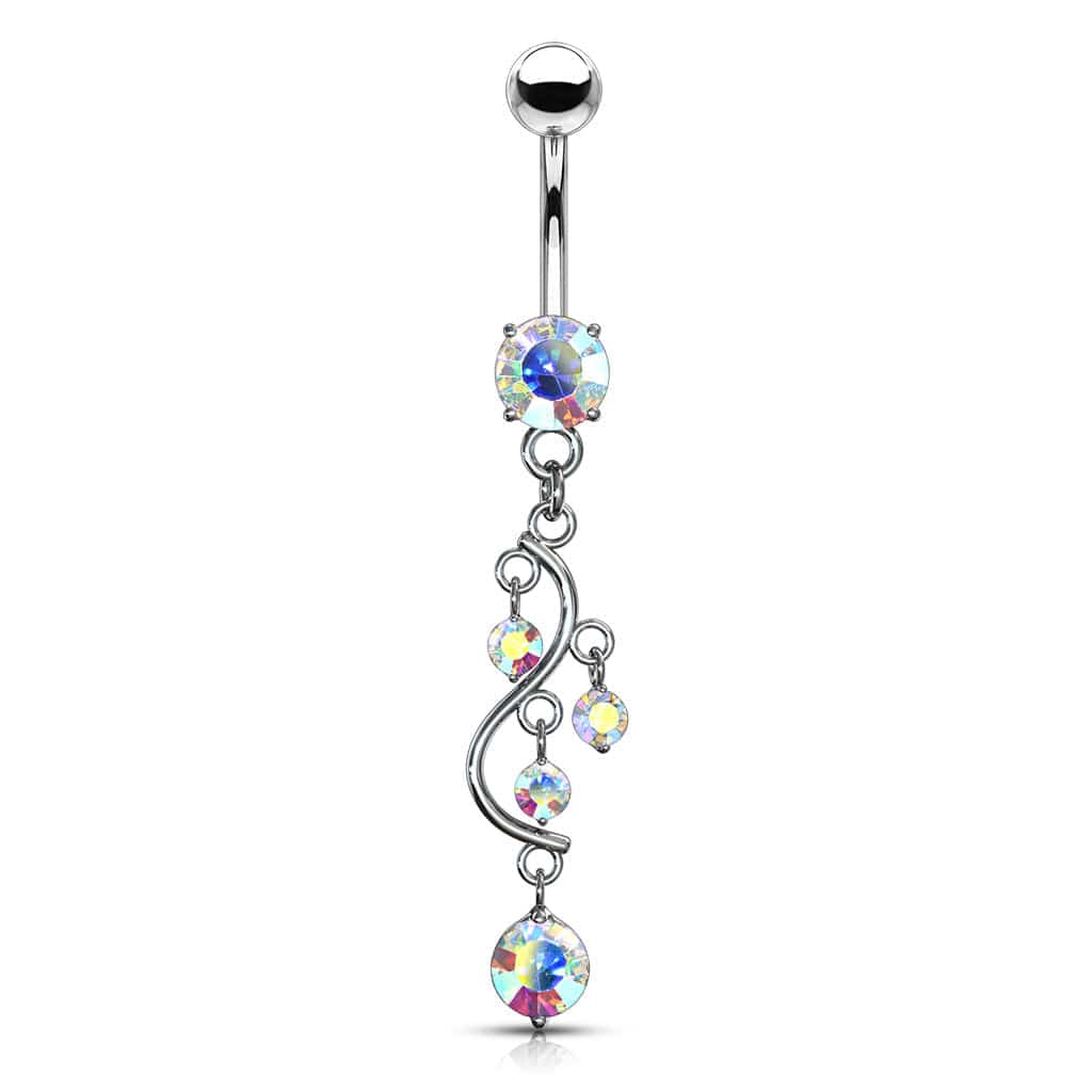 Classic Traditional Vine Prong Aurora Borealis Dangling Surgical Steel Belly Button Navel Ring