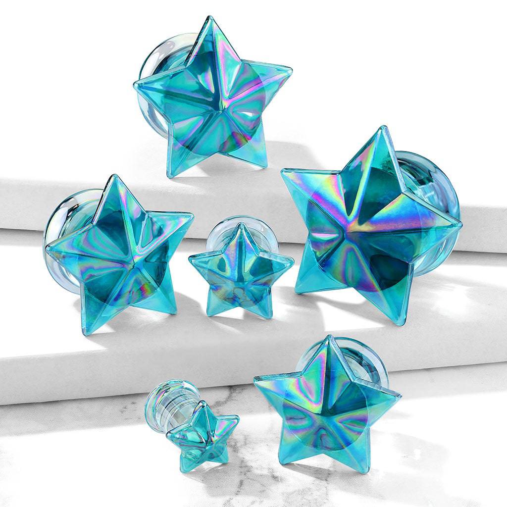 Double Flared Blue AB Glass Star Plugs