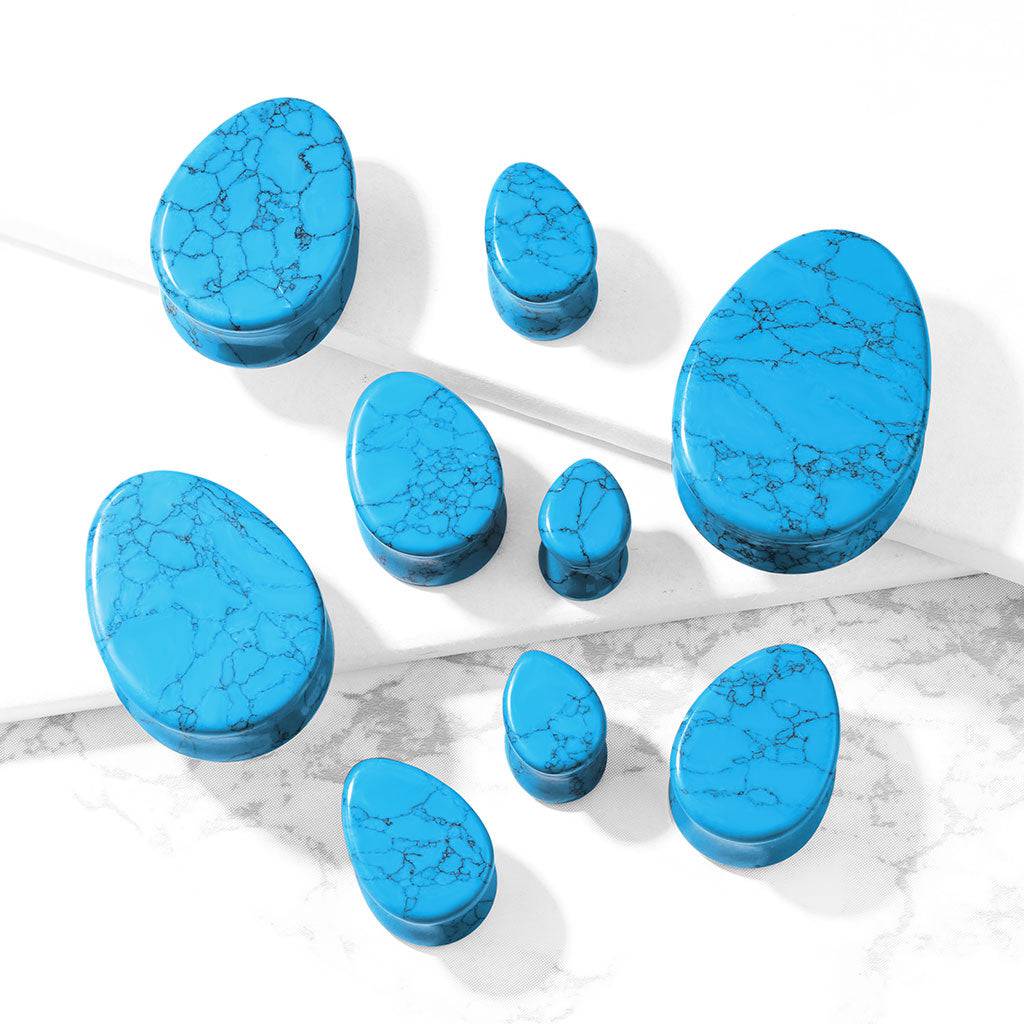 Double Flared Saddle Tear Drop Blue Turquoise Stone Plugs