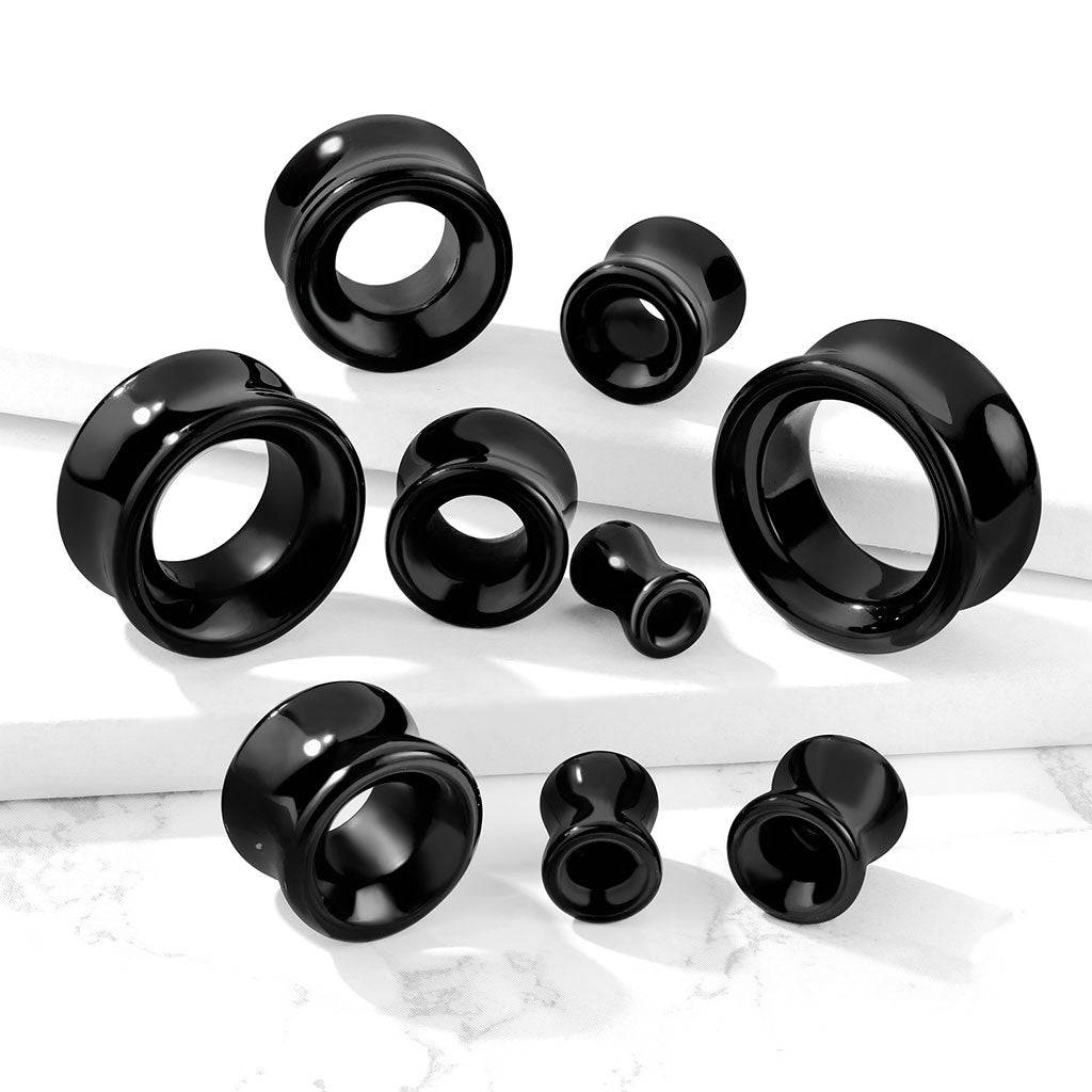 Double Flared Semi Precious Black Agate Stone Ear Tunnels