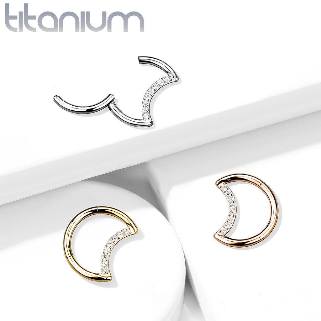 Implant Grade Titanium Crescent Moon Rose Gold PVD White CZ Hinged Clicker Hoop Daith Cartilage Ring