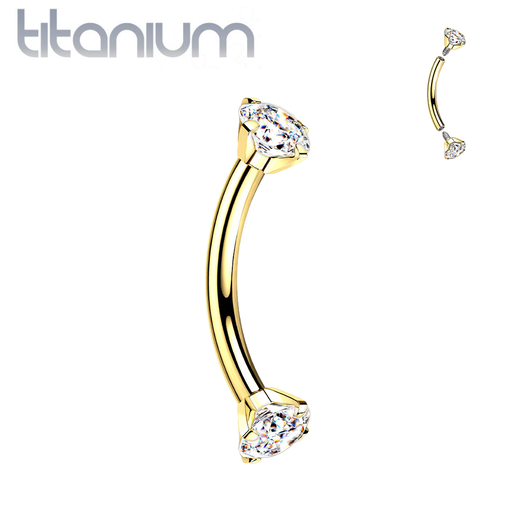 Implant Grade Titanium Gold PVD Curved Barbell Internally Threaded White CZ