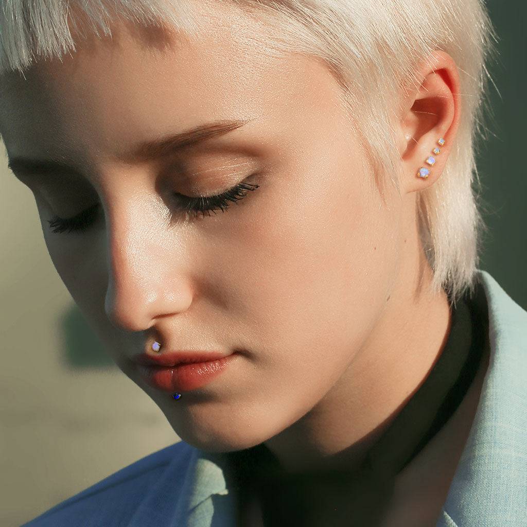 Implant Grade Titanium Gold PVD White Opal Flat Back Internally Threaded Labret Cartilage Tragus Ring