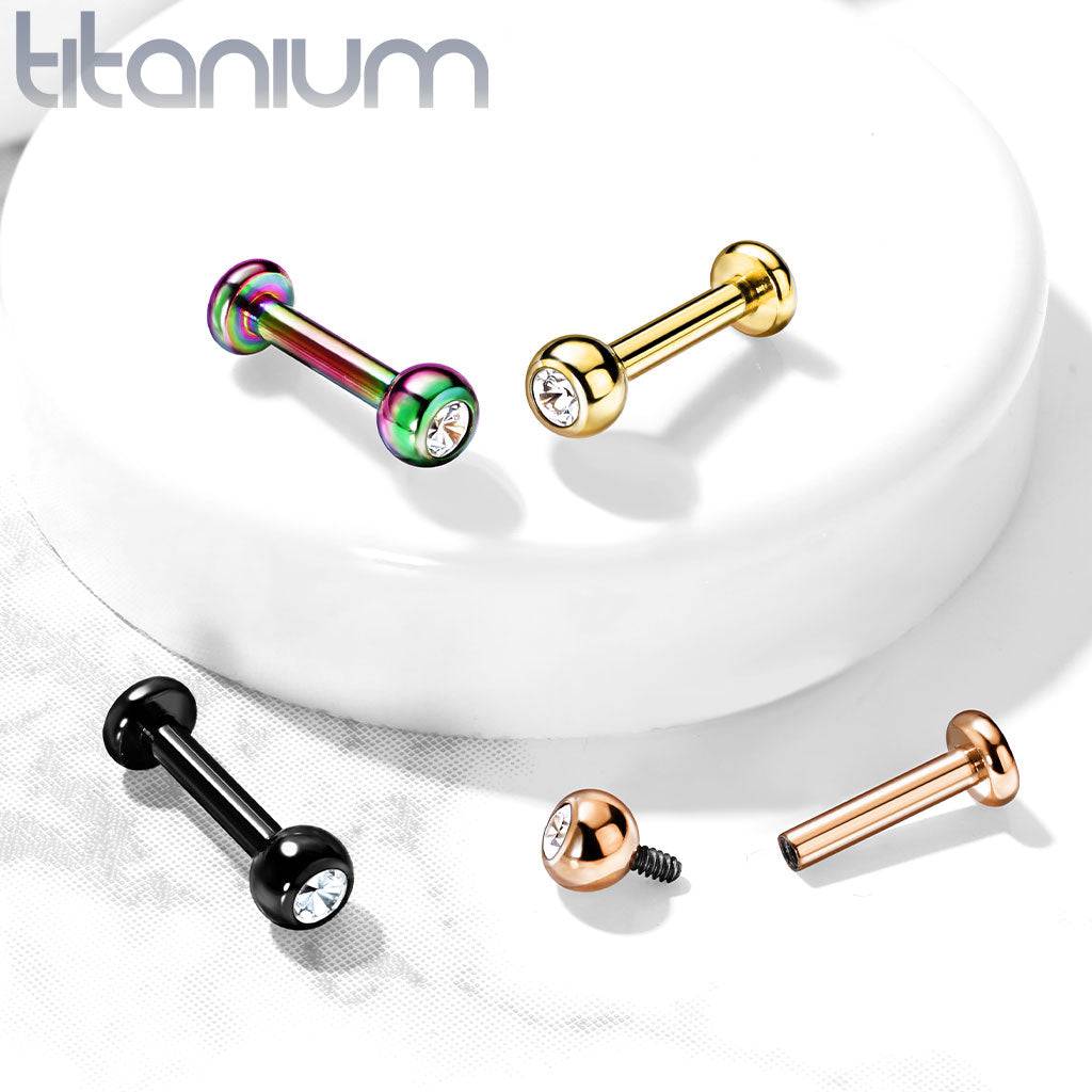 Implant Grade Titanium Internally Threaded Gold PVD White CZ Labret Flat Back