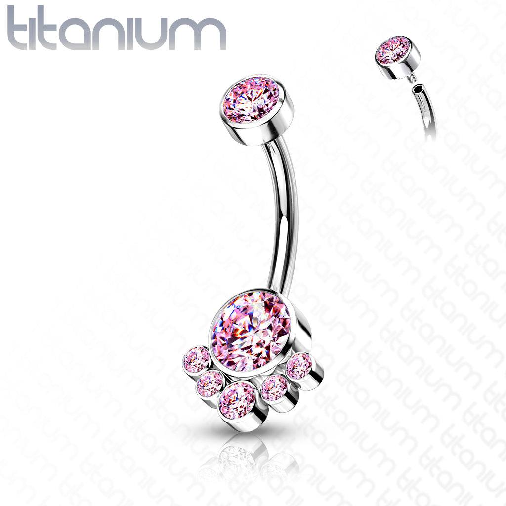 Implant Grade Titanium Internally Threaded CZ Bezel Cluster Belly Ring