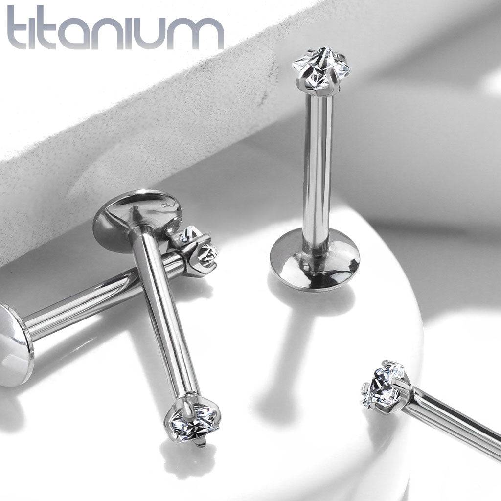 Implant Grade Titanium Internally Threaded Prong Square CZ Labret