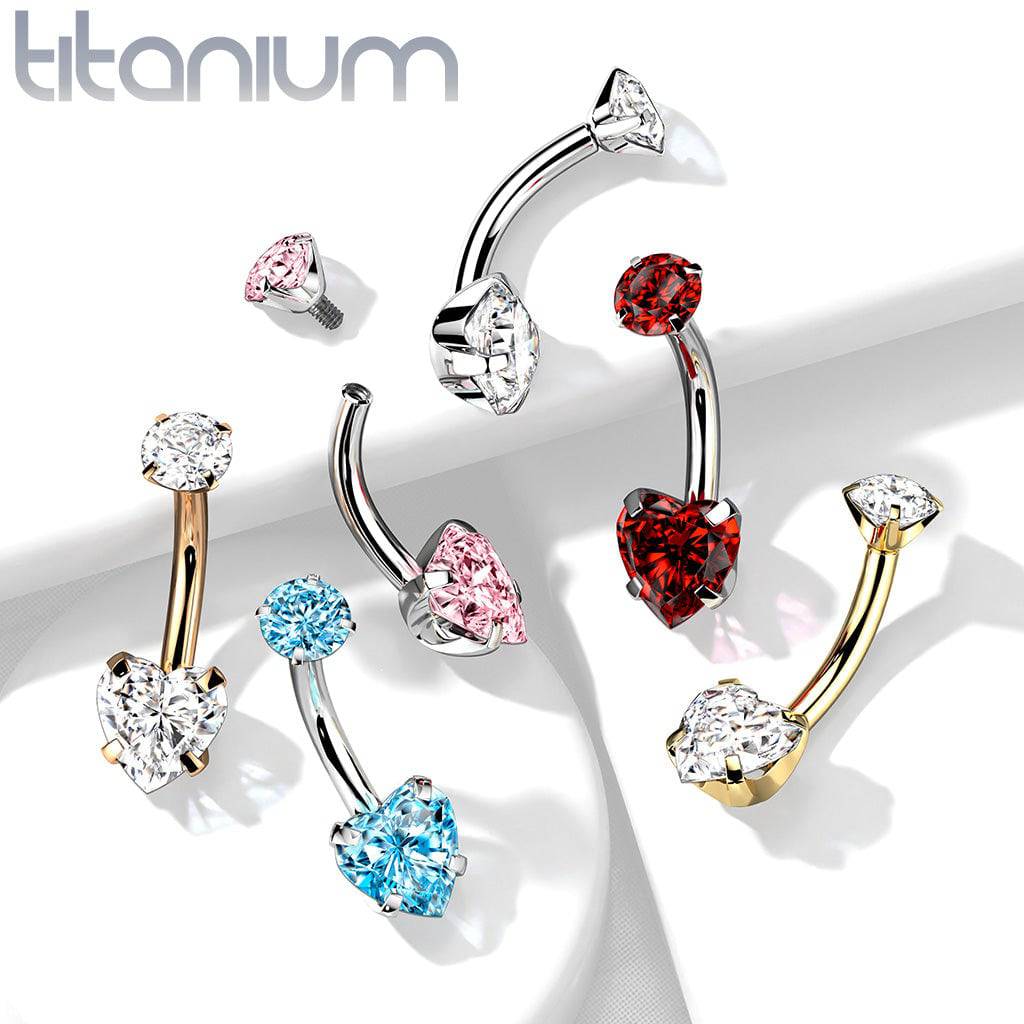 Implant Grade Titanium Internally Threaded Heart CZ Belly Ring