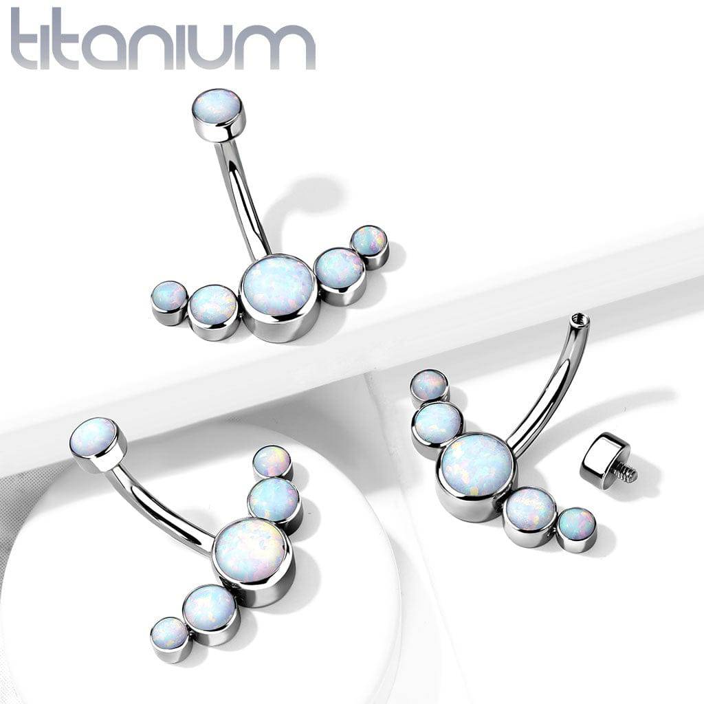 Implant Grade Titanium Internally Threaded With 5 Bezel White Opal Bottom Belly Ring