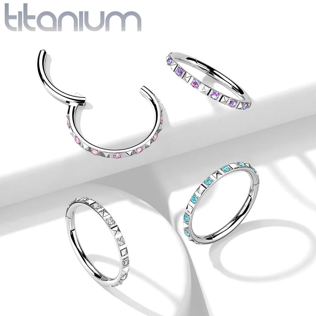 Implant Grade Titanium Ridged With Pink CZ Gems Hinged Hoop Clicker Ring