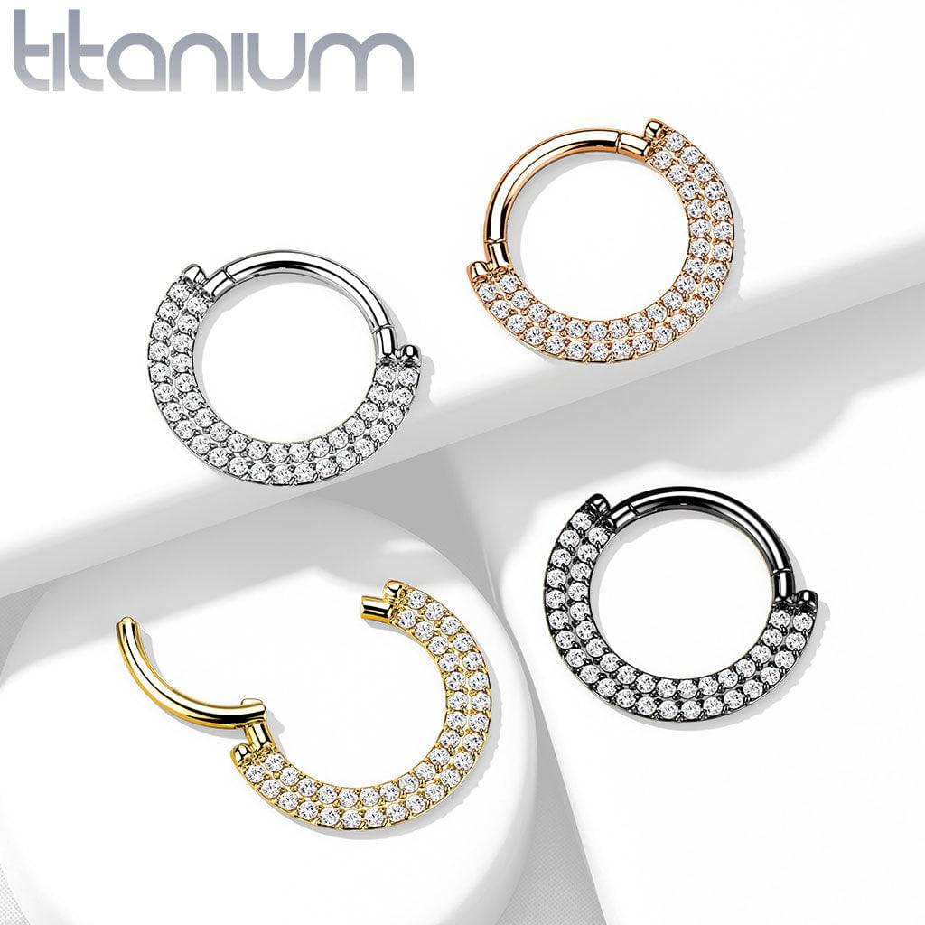 Implant Grade Titanium Rose Gold PVD Double Row White CZ Pave Daith Ring Clicker Hoop