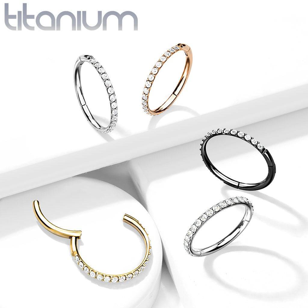 Implant Grade Titanium Rose Gold PVD Easy Hinged White CZ Pave Clicker Hoop