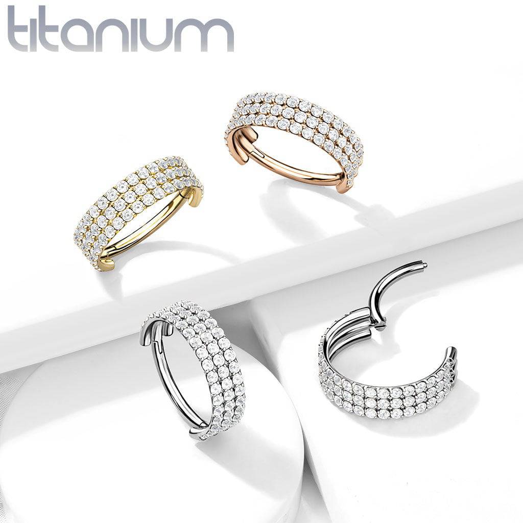 Implant Grade Titanium Triple Row White CZ Pave Hinged Clicker Hoop
