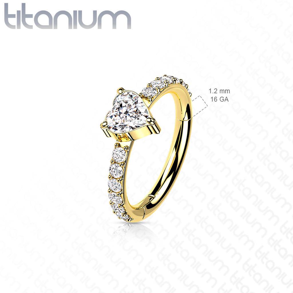Implant Grade Titanium Rose Gold PVD White CZ With Heart Shaped Center Hinged Clicker Hoop