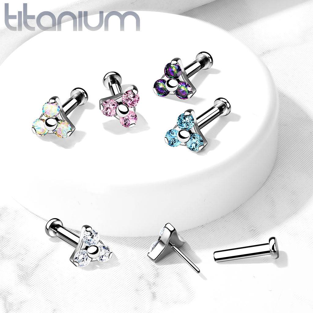 Implant Grade Titanium Threadless Push In Tragus/Cartilage White CZ Trillium With Flat Back