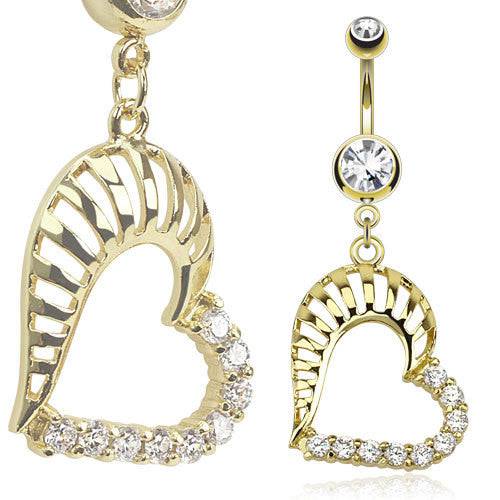 Large Gold Plated Hollow Heart with CZ Gem Rim Dangling Belly Button Navel Ring