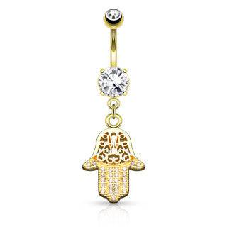 Micro Paved Surgical Steel Hamsa Hand of Fatima Dangle Belly Button Navel Ring