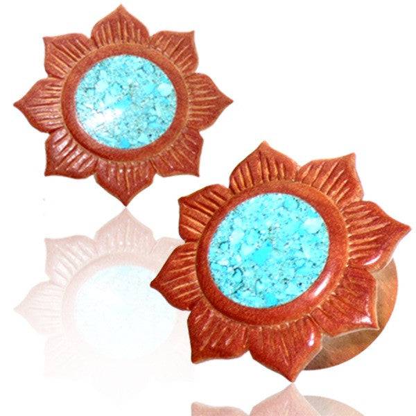 Organic Flower Sawo Wood Double Flared Ear Plugs Gauges With Turquoise Inlayed