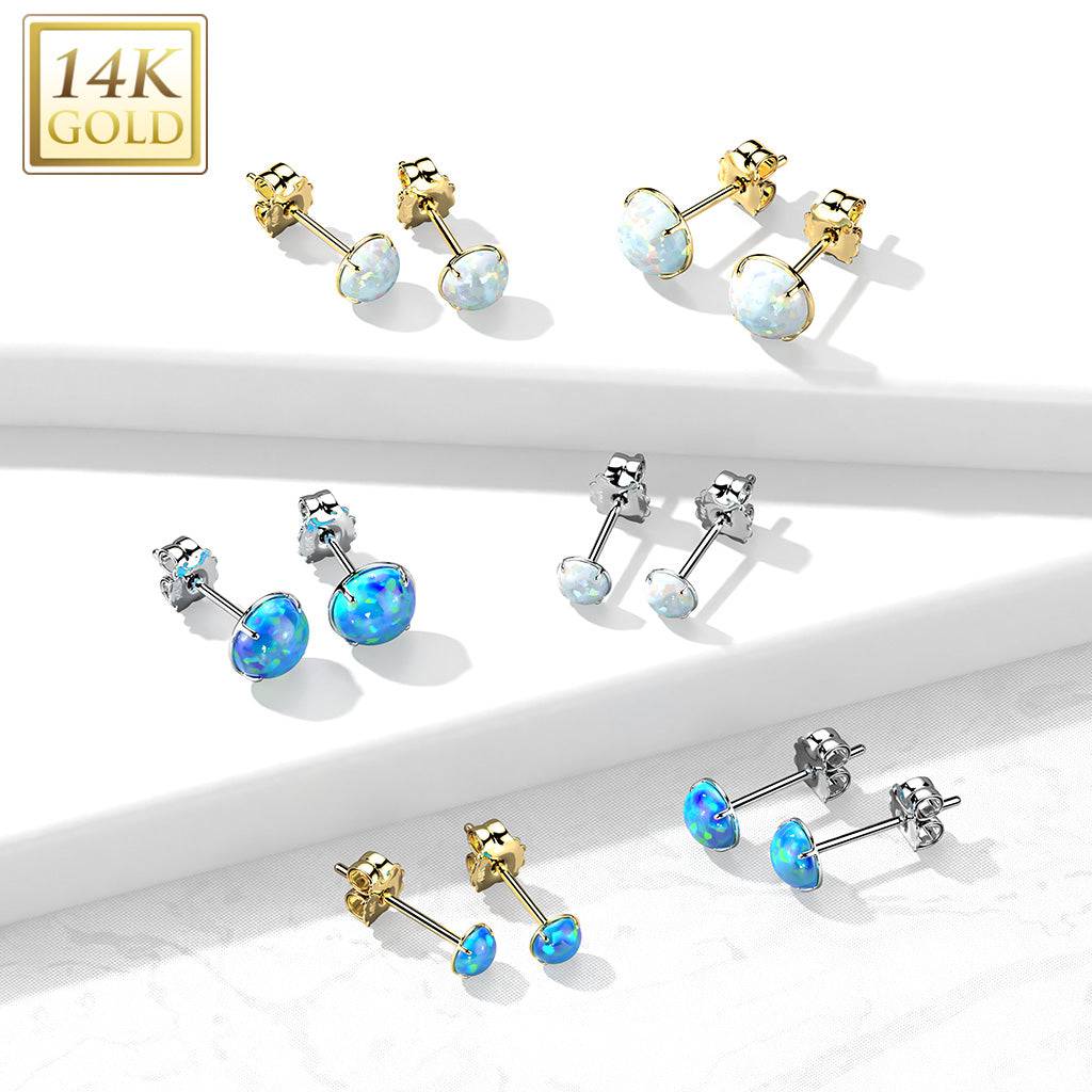Pair Of 14KT Solid Yellow Gold Circle Round Clawed Opal Stud Earrings