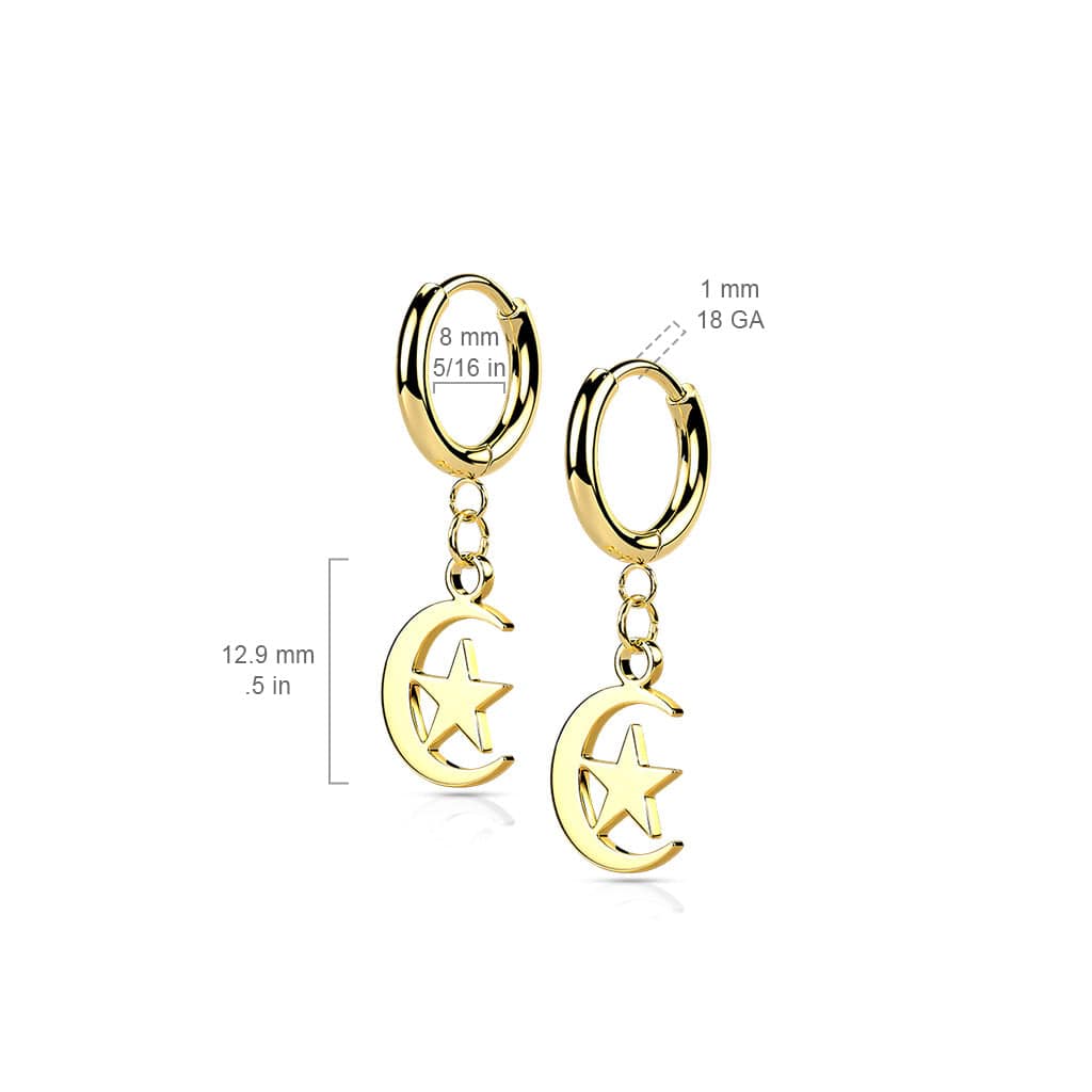 Pair Of 316L Surgical Steel Gold PVD Thin Hoop Earrings With Dangling Moon & Star