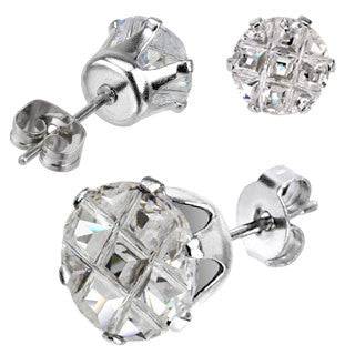 Pair of 316L Surgical Steel Multi Cut Circle Prong Set Grid CZ Stud Earrings