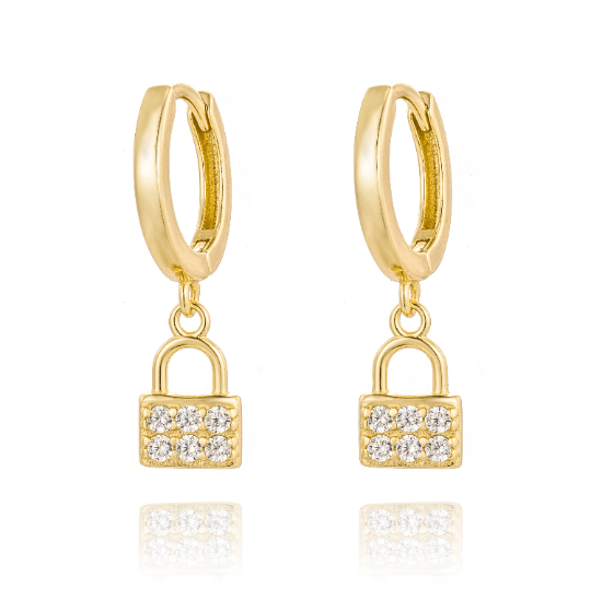 Pair of 925 Sterling Silver Gold PVD CZ Gem Lock Dangle Minimal Earrings