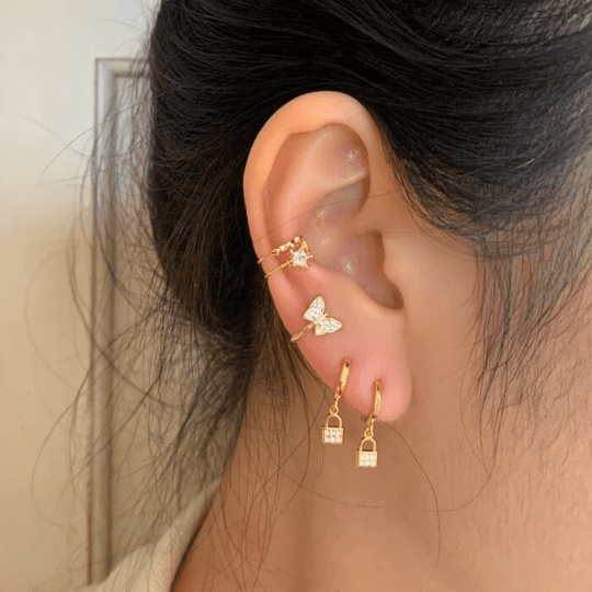 Pair of 925 Sterling Silver Gold PVD CZ Gem Lock Dangle Minimal Earrings