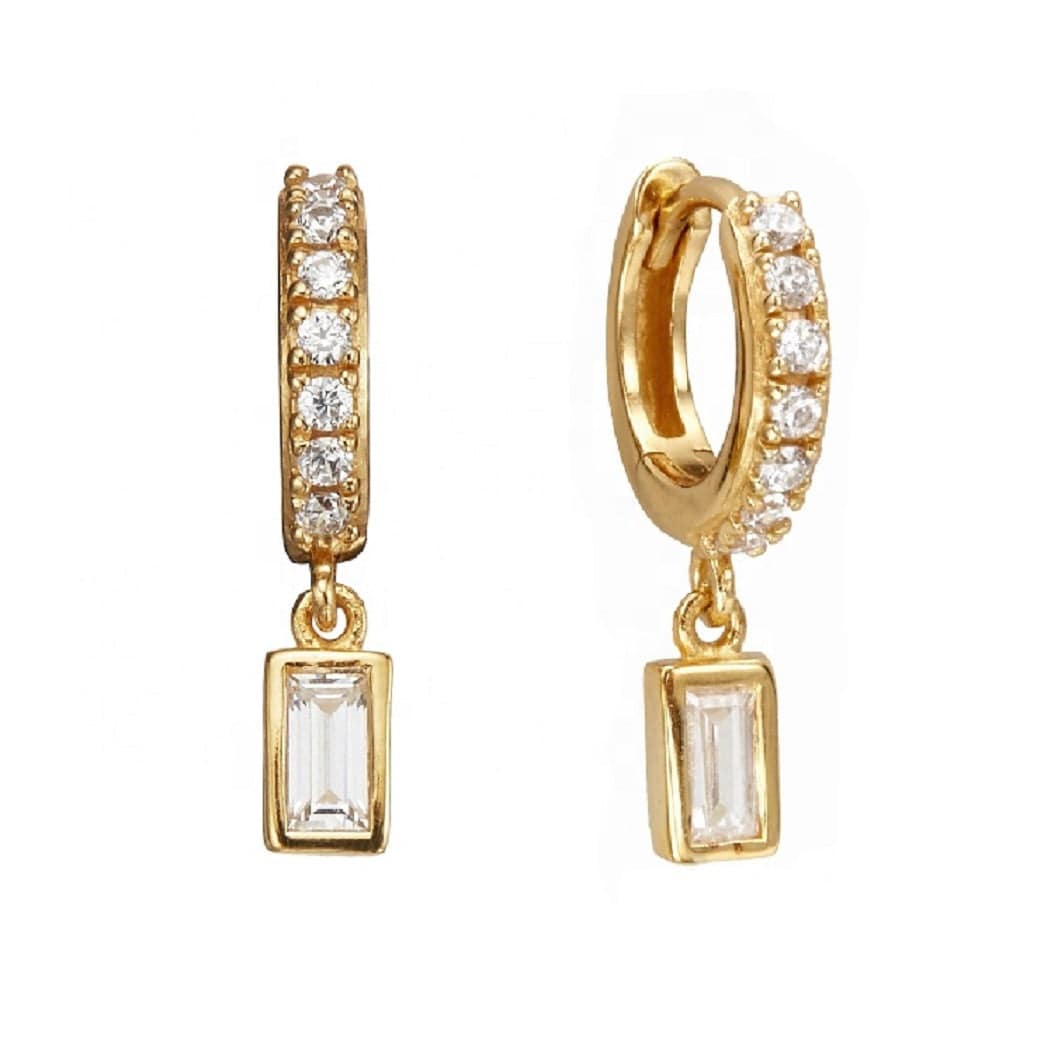 Pair of 925 Sterling Silver Gold PVD Diamond CZ Baguette Dangle Minimal Hoop Earrings Pair of 925 Sterling Silver Gold PVD Diamond CZ Baguette Dangle Minimal Hoop Earrings