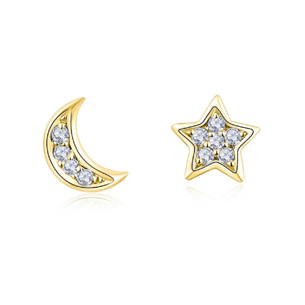 Pair of 925 Sterling Silver Gold PVD White CZ Star & Moon Minimal Earrings