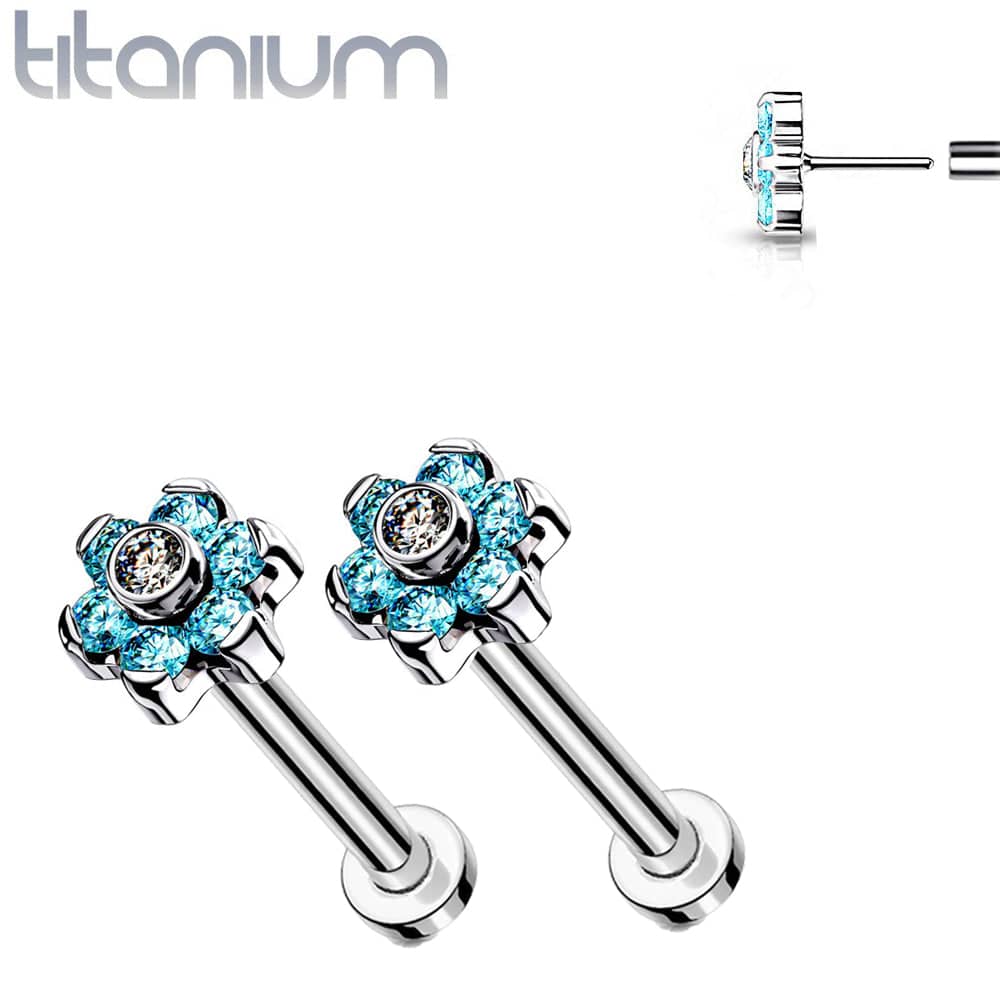 Pair of Implant Grade Titanium Threadless Aqua CZ Flower Earring Studs with Flat Back
