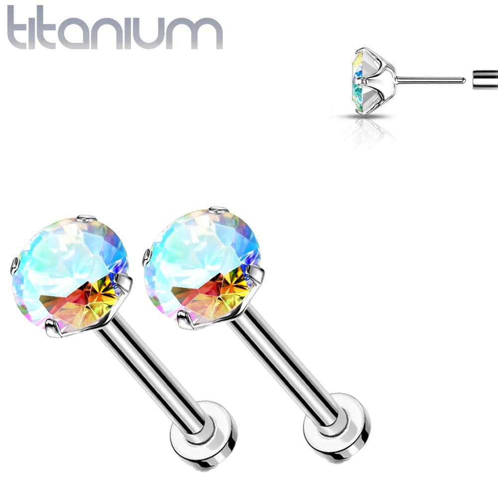 Pair of Implant Grade Titanium Threadless Aurora Borealis CZ Earring Studs with Flat Back