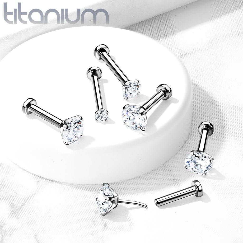 Pair of Implant Grade Titanium Threadless CZ Earring Studs with Flat Back