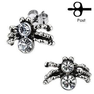 Pair of Stainless Steel White CZ Gem Spider Stud Earrings