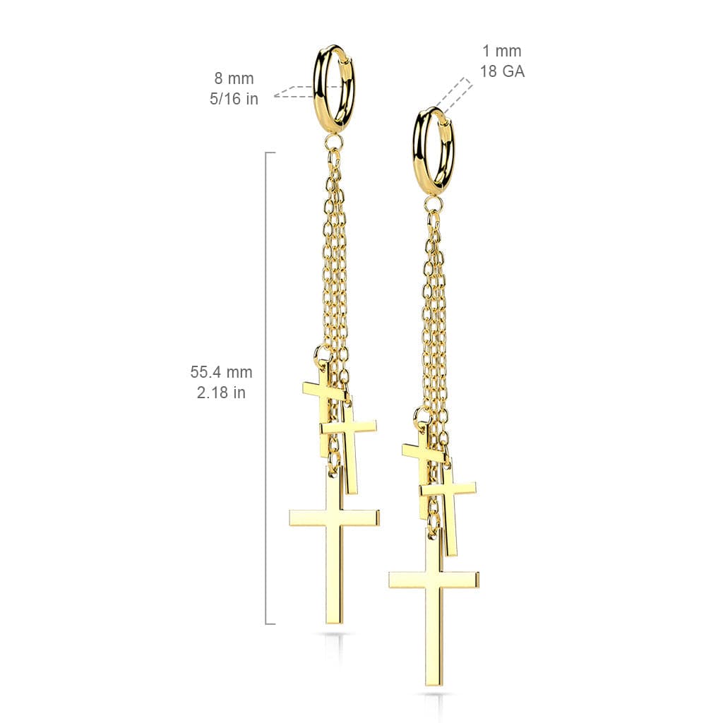 Pair Of Surgical Steel Black PVD Thin Hoop Earrings With Dangling Chains & Crosses Pair Of Surgical Steel Black PVD Thin Hoop Earrings With Dangling Chains & Crosses