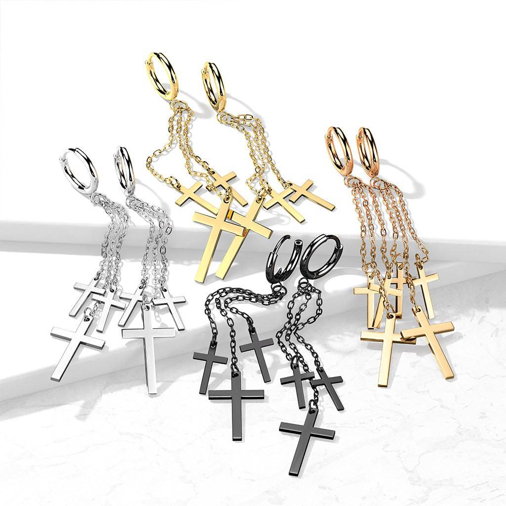 Pair Of Surgical Steel Black PVD Thin Hoop Earrings With Dangling Chains & Crosses Pair Of Surgical Steel Black PVD Thin Hoop Earrings With Dangling Chains & Crosses