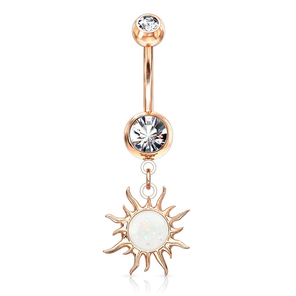 Rose Gold Plated Surgical Steel White Glitter Opal Tribal Sun Belly Button Ring