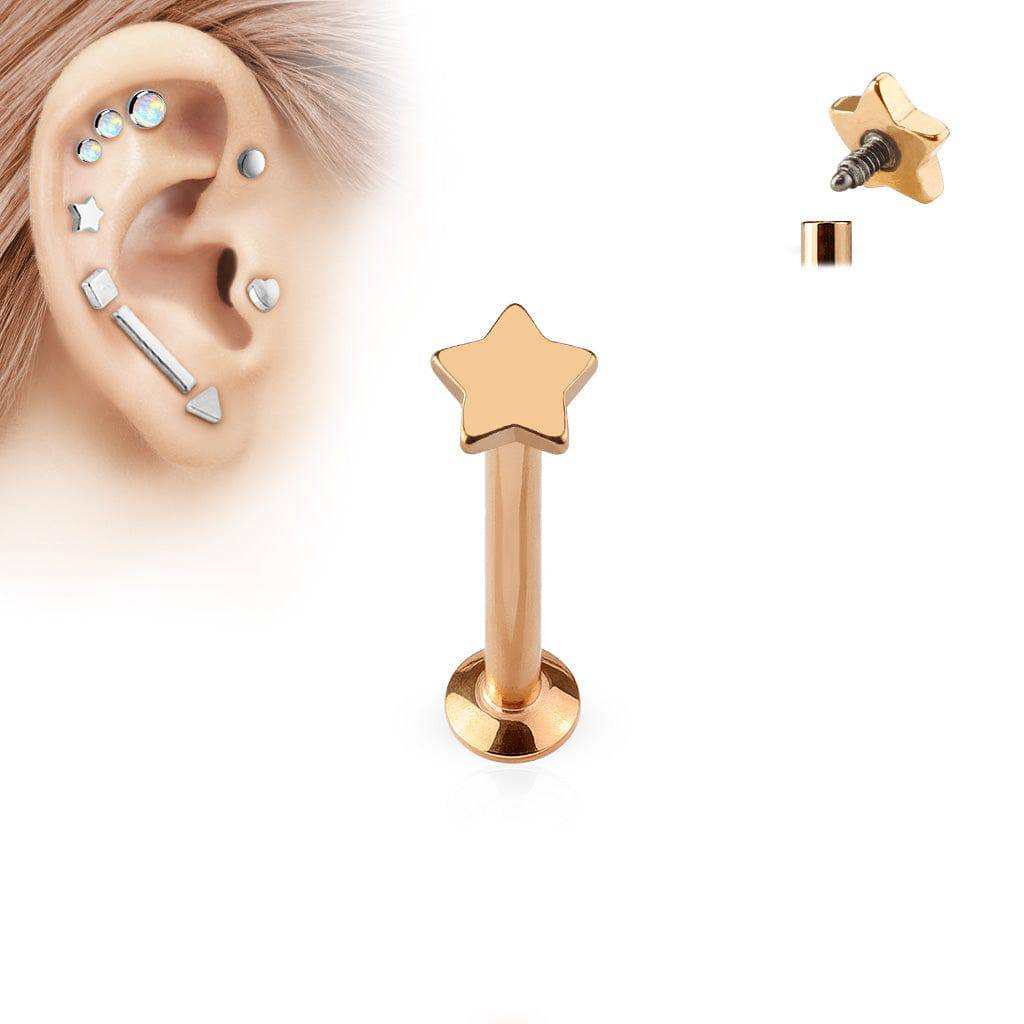 Rose Gold PVD Surgical Steel Flat Back Internally Threaded Star Labret Monroe Tragus Cartilage Ring