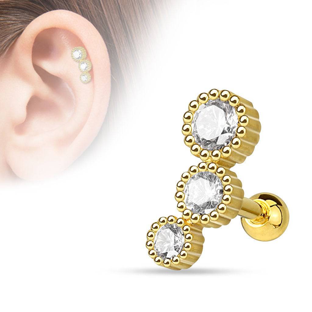 Surgical Steel 3 Consecutive CZ Gem Ball Back Ear Cartilage Helix Stud Barbell